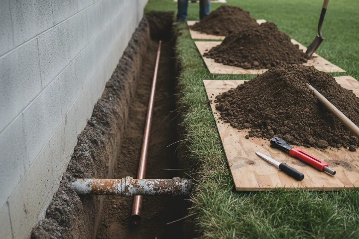 Excavated water line trench during Water Heater Repair in Walters